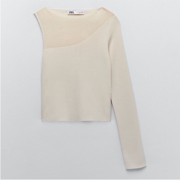Zara Ivory Illusion Sheer Neck One Shoulder Asymmetric Knit Top size small - Picture 5 of 8